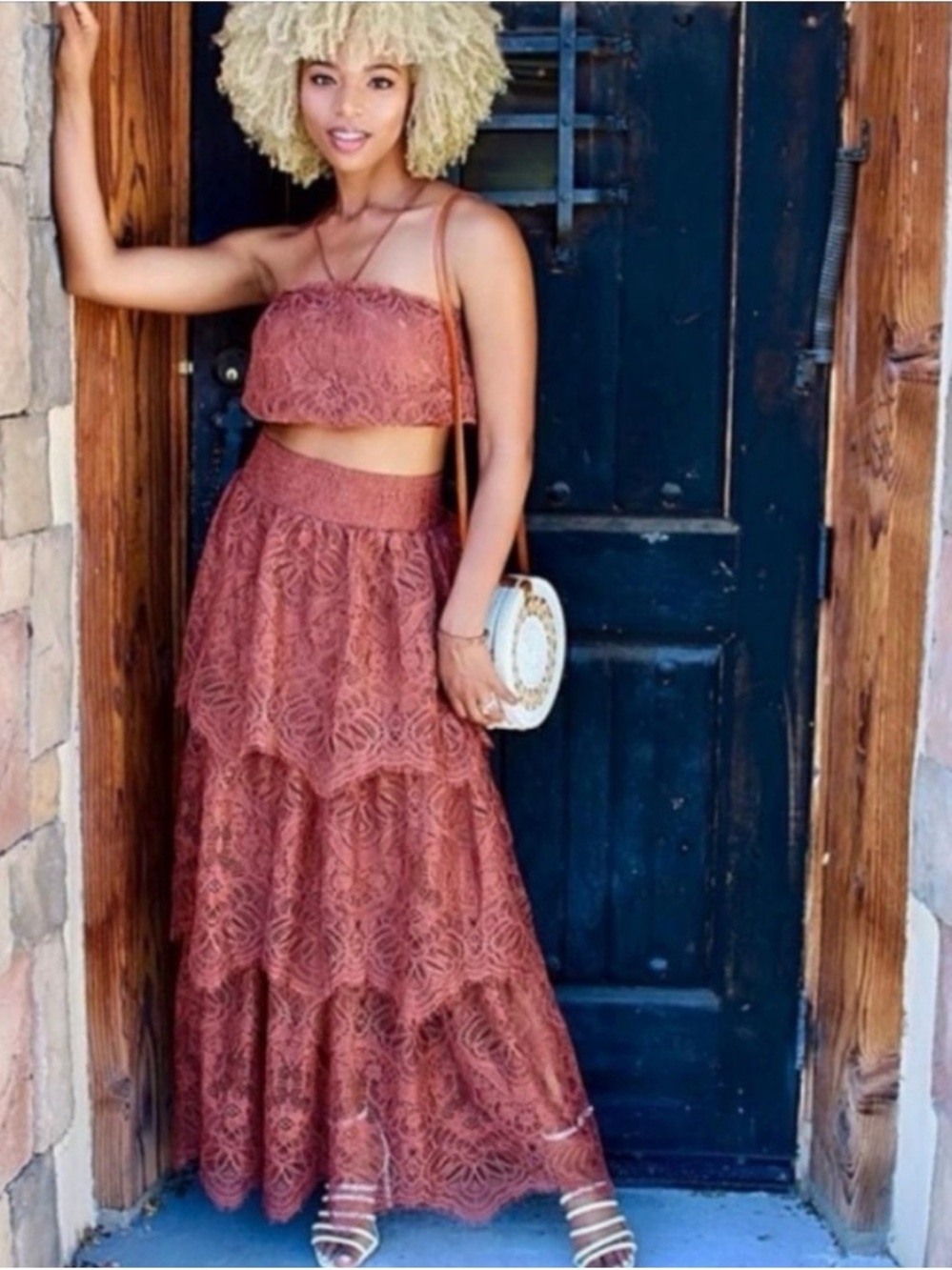 H&M Rust Tiered Lace Maxi Skirt